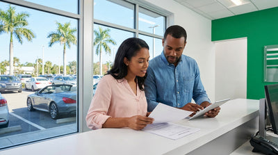 A red convertible car hire driving down a scenic coastal highway with palm trees in Florida