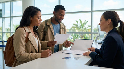 A woman reviews her car rental agreement with an agent at a desk in Orlando