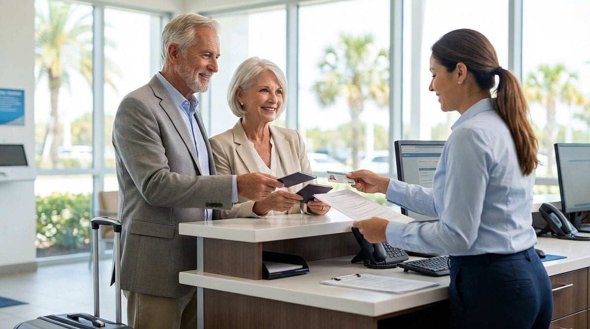 A red convertible car hire drives along a sunny, palm-lined coastal highway in Florida