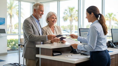 A red convertible car hire drives along a sunny, palm-lined coastal highway in Florida