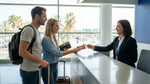 A traveler at an Orlando airport counter holding documents for their car hire pick-up