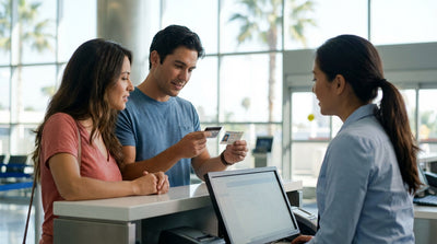 A red convertible car hire driving down a sunny Los Angeles street lined with palm trees
