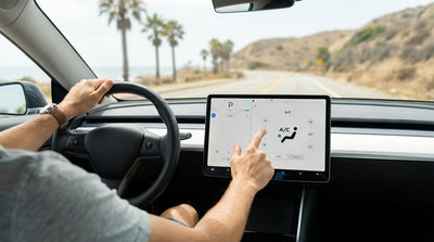 A driver taps the frozen touchscreen of a modern car hire while parked on a sunny California street