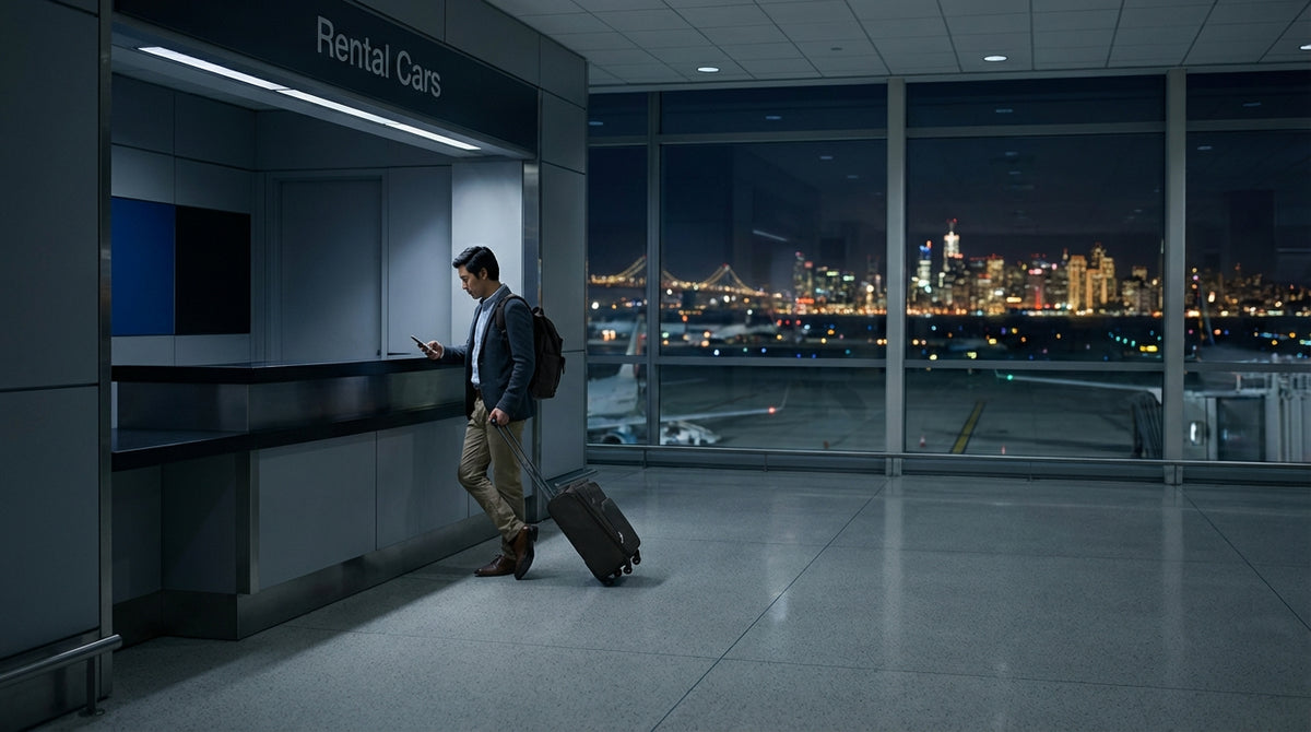 A closed and empty car rental counter at the San Francisco airport late at night