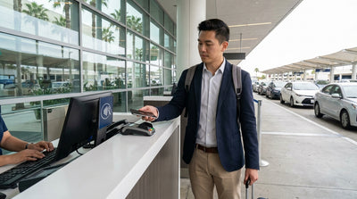 A driver leans against their white car hire SUV under sunny Los Angeles palm trees