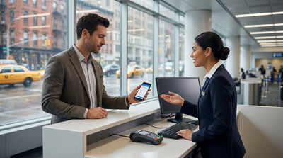 A customer uses a smartphone to show their documents at a car hire counter in New York to receive their keys