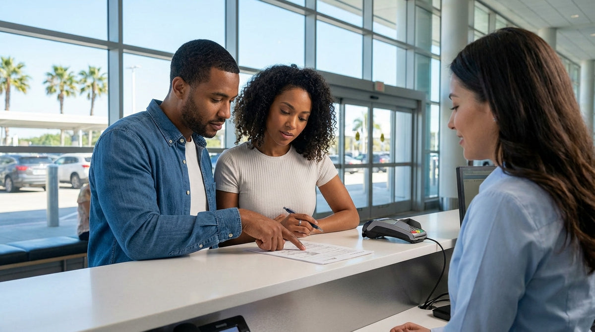 A red convertible car hire driving down a sunny, palm-tree-lined road in Orlando