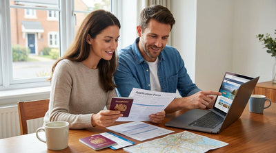 A convertible car hire drives down a scenic coastal highway in Florida lined with palm trees