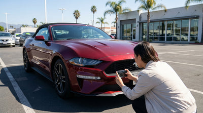 A person uses their phone to photograph the side of a car rental on a sunny street in San Francisco