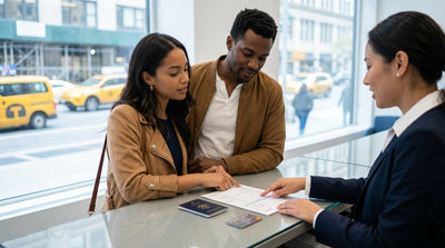A person holding keys next to their car hire on a busy New York City street with yellow cabs in the background