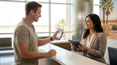 A driver holds a smartphone with a digital ID for their car rental on a sunny Texas highway
