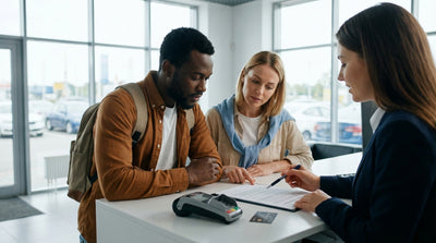 A red convertible car hire on a scenic desert road in the United States with mountains in the background