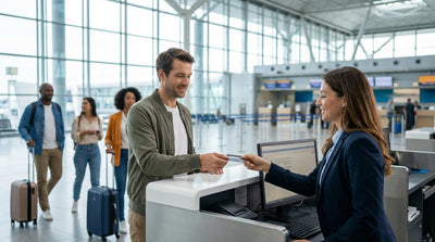 A person at a New York airport counter hands over a credit card for a car hire deposit