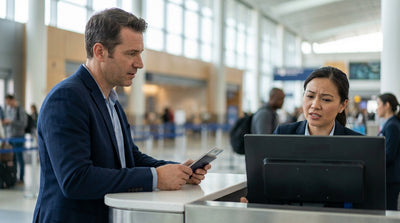 A line of yellow taxis and a car rental on a busy street in New York City with skyscrapers in the background