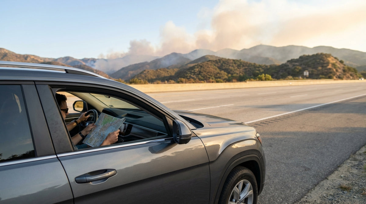 A car hire vehicle drives on a Los Angeles freeway towards a hazy orange sunset over the mountains