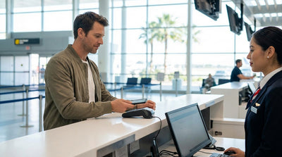A person uses a smartphone to pay for their car hire at a rental desk inside Los Angeles International Airport (LAX)