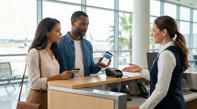 A person at a New York car rental counter holding a smartphone to complete their vehicle pickup