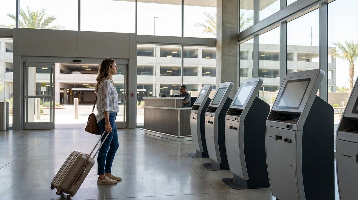 Rows of vehicles in the brightly lit Las Vegas car rental center garage waiting for drivers