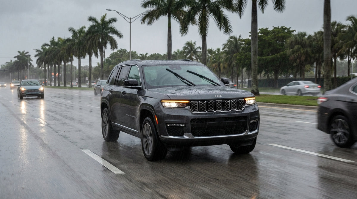 A car hire with its headlights on drives down a wet, palm-tree-lined street during a rainstorm in Miami