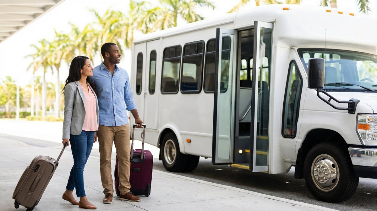 An off-airport car rental shuttle waiting for passengers under palm trees at an Orlando terminal