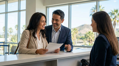 A smiling couple drives a convertible car hire along a sunny, winding coastal road in California