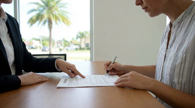 A person in a car carefully reviewing their Florida car hire agreement before signing on a sunny day
