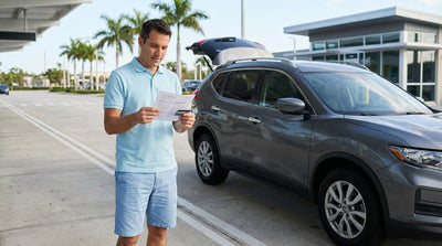 A red convertible car hire driving on a sunny coastal road with palm trees in Florida