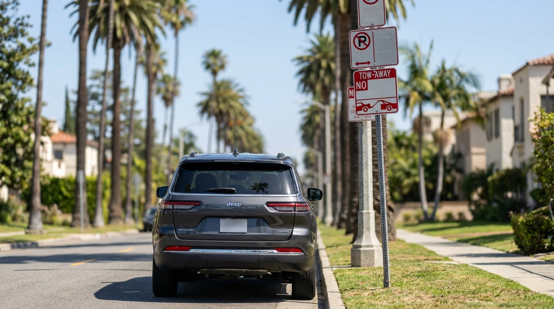 A car hire is parked on a Los Angeles street next to a confusing red and white street-sweeping parking sign