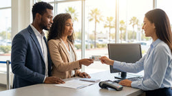 Two people standing at a California pick-up counter receiving keys for a car rental