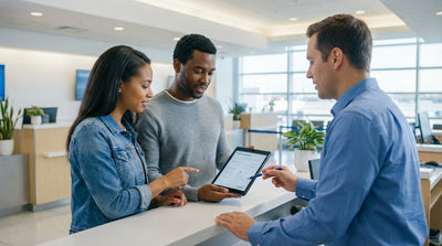 A customer at a car hire desk in the Las Vegas airport carefully reading their rental contract