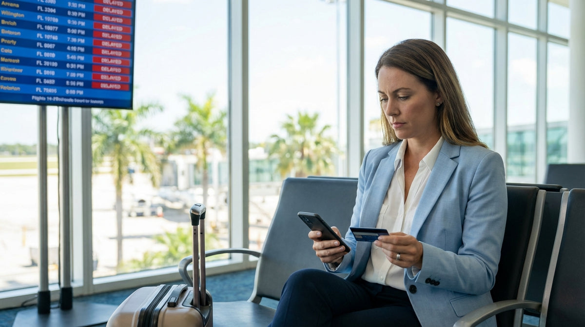A traveler with luggage waits at a car hire desk inside a busy Florida airport terminal