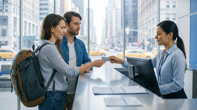 A person driving their car hire vehicle through the bustling, vibrant streets of Times Square in New York City