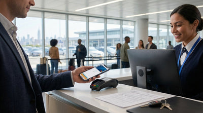 A customer using a smartphone to pay for their car rental at an airport counter in New York City