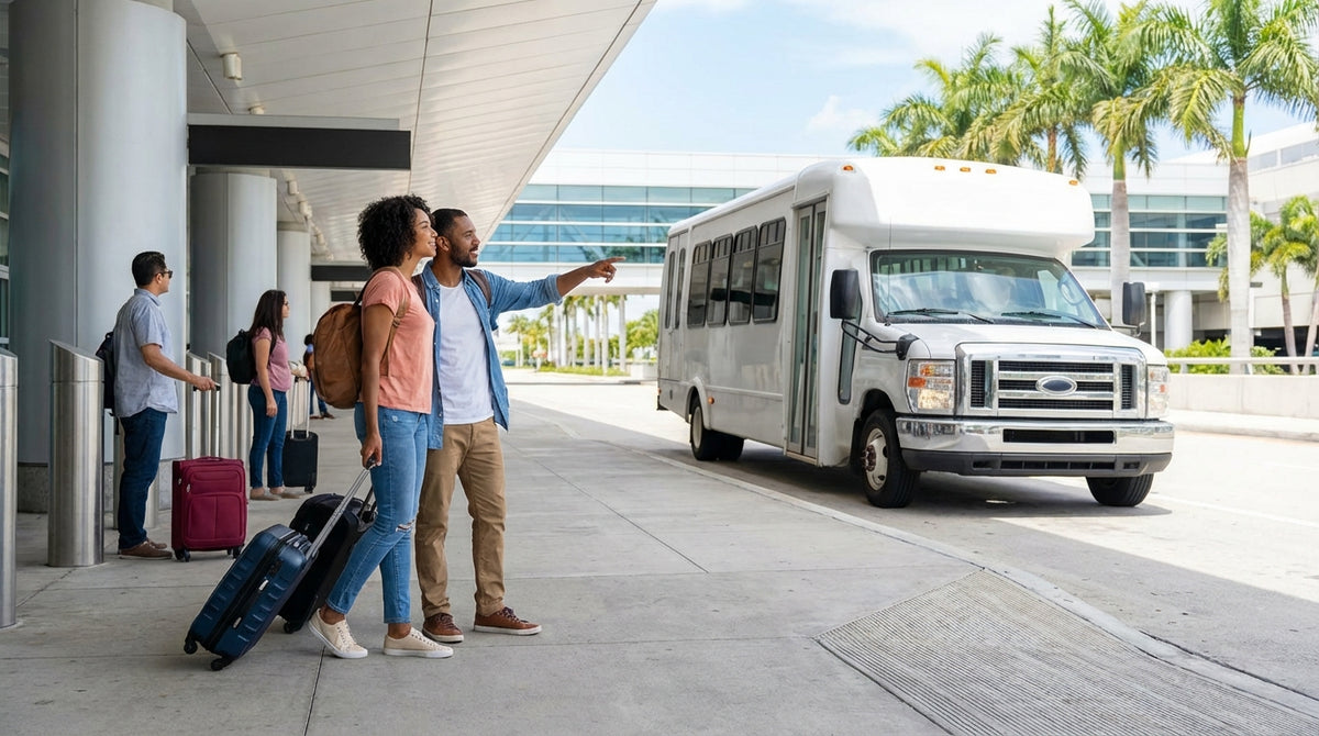 A car rental shuttle bus waiting for passengers at the pickup curb outside Miami International Airport