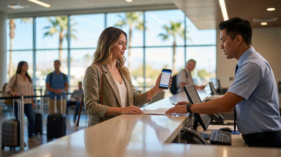 A person showing their phone to an agent at a car hire desk inside the Las Vegas airport