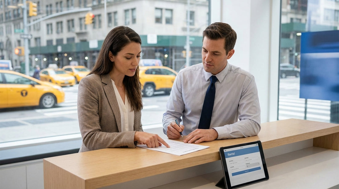 A modern white car rental parked on a classic brownstone-lined street in New York City