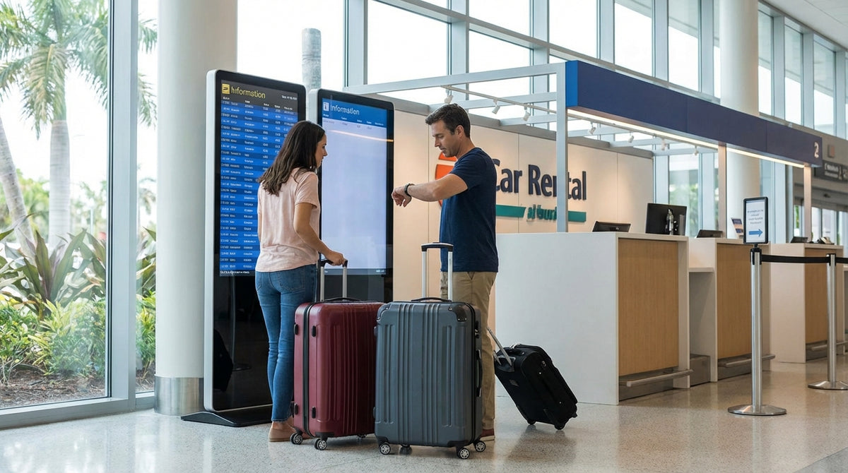 A row of clean cars available for car rental in a sunny Orlando airport parking garage