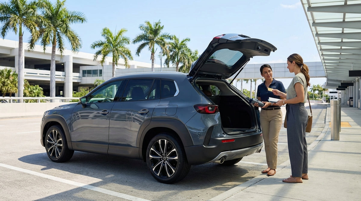 A blue convertible car rental driving down a sunny street in Miami lined with palm trees and Art Deco buildings