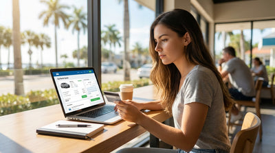 A young couple smiling in their convertible car hire, driving down a sunny, palm-lined road in Florida