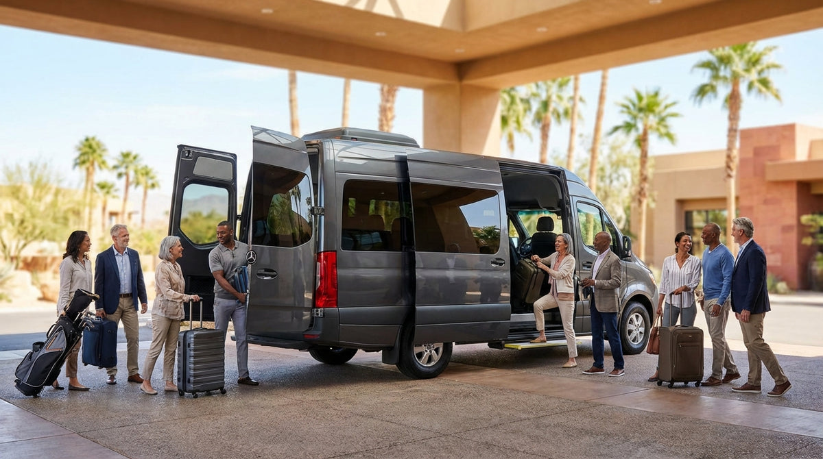 A 12-passenger car rental van driving down the Las Vegas Strip at night past the bright lights of the casinos