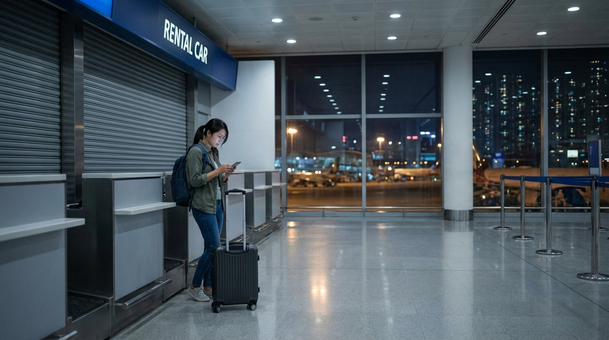 A person with luggage stands before a closed car rental counter in a quiet New York airport at night