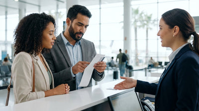A person's hands holding the keys and receipt for a car hire at a counter in Los Angeles