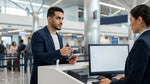 A person presenting a driver's license to an agent at a car rental desk in New York