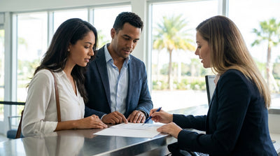 A person holds up the keys to their car rental in a sunny Florida lot with palm trees in the background