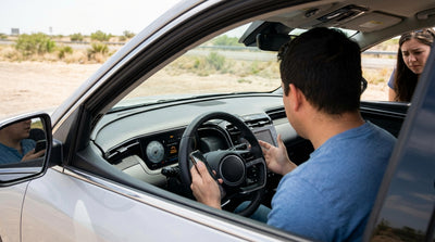 A car hire vehicle pulled over on the side of a wide, empty Texas road with its hazard lights on
