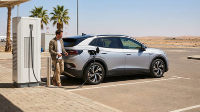 A white electric car rental plugged into a fast-charger with the Las Vegas skyline in the background