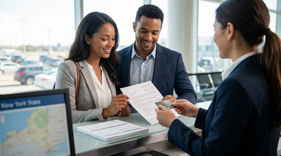 A modern car rental drives alongside iconic yellow taxi cabs on a bustling street in New York City