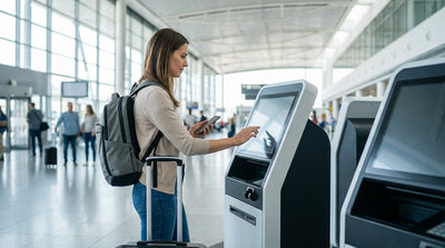 A traveler uses a self-service kiosk for their car rental pickup at JFK airport in New York