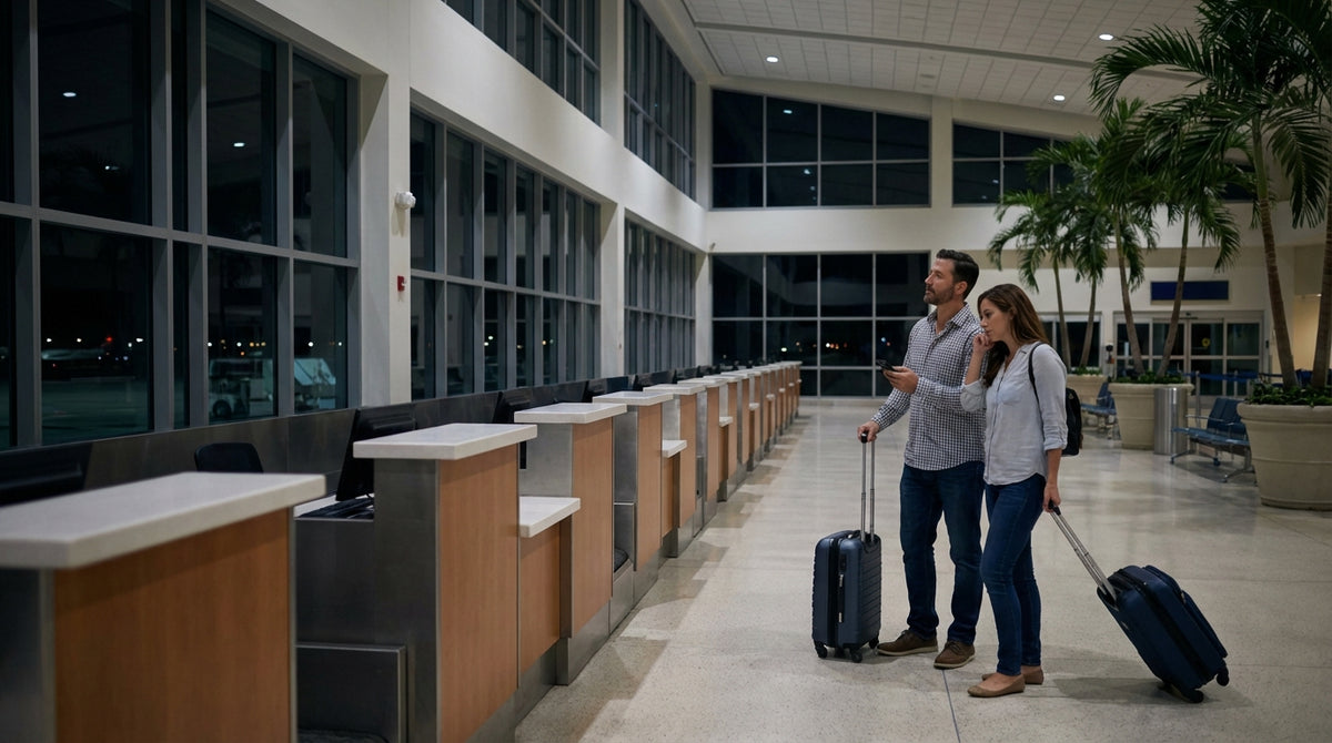 A deserted car hire counter at Orlando Airport late at night, with empty chairs and bright overhead lights