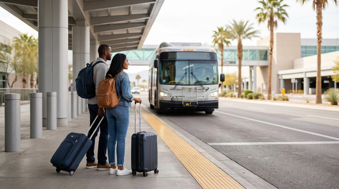 A busy car rental shuttle pickup area outside the Las Vegas Airport terminal with palm trees under a sunny sky
